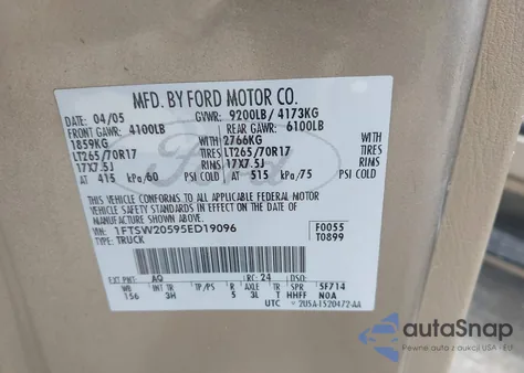 2005 Ford F-250 Lariat/Xl/Xlt z USA, uszkodzony, nr VIN 1FTSW20595ED19096